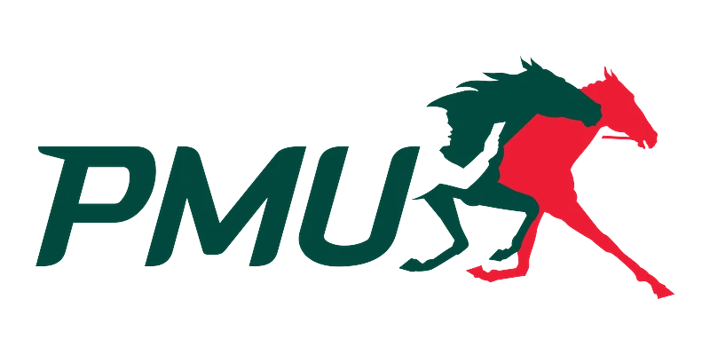 Logo PMU avec le nom de la marque en vert et deux chevaux au galop, vert et rouge